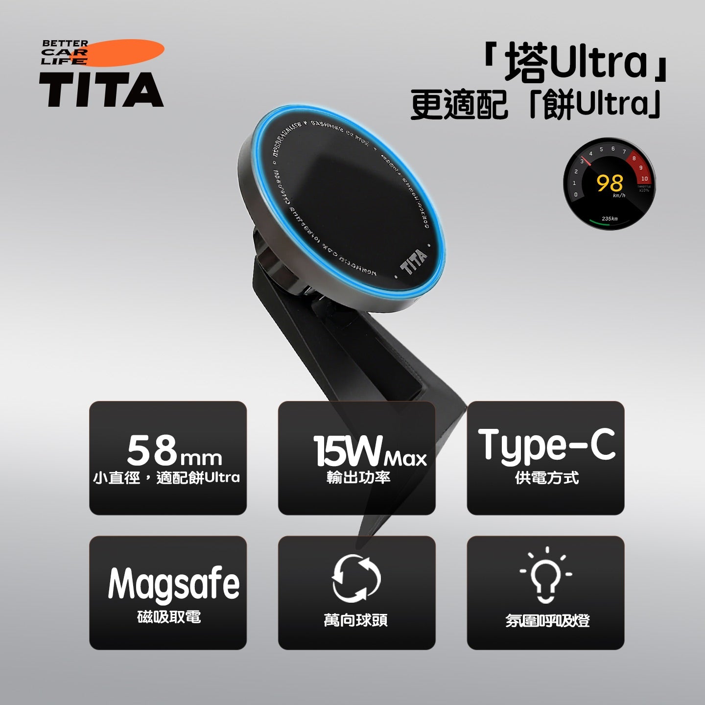TITA 塔Pro/Ultra - Model 3/Y/煥新版3/煥新版Y 無線磁吸車載專用手機快充支架